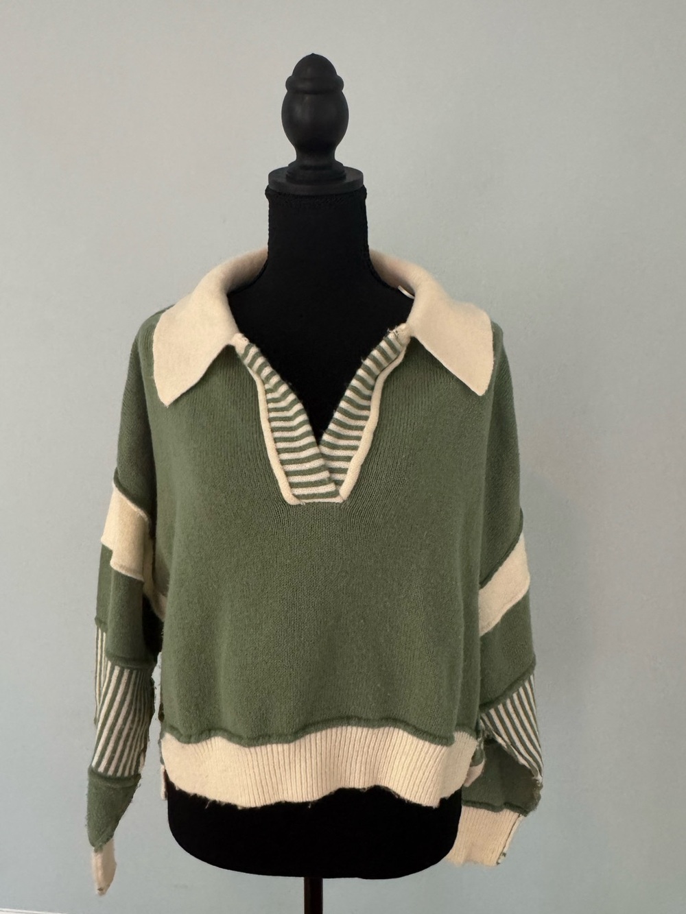 Altar'd State Olive Green and Cream Striped Collar Knit Pullover
